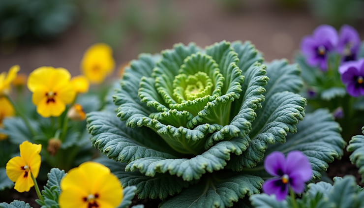 Close-up view of winter plants with ornamental kale and pansies in a Katy garden bed