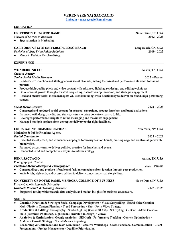 Verena (Rena) Saccacio Resume