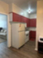 Studio apartment kitchen showing full size fridge/freezer