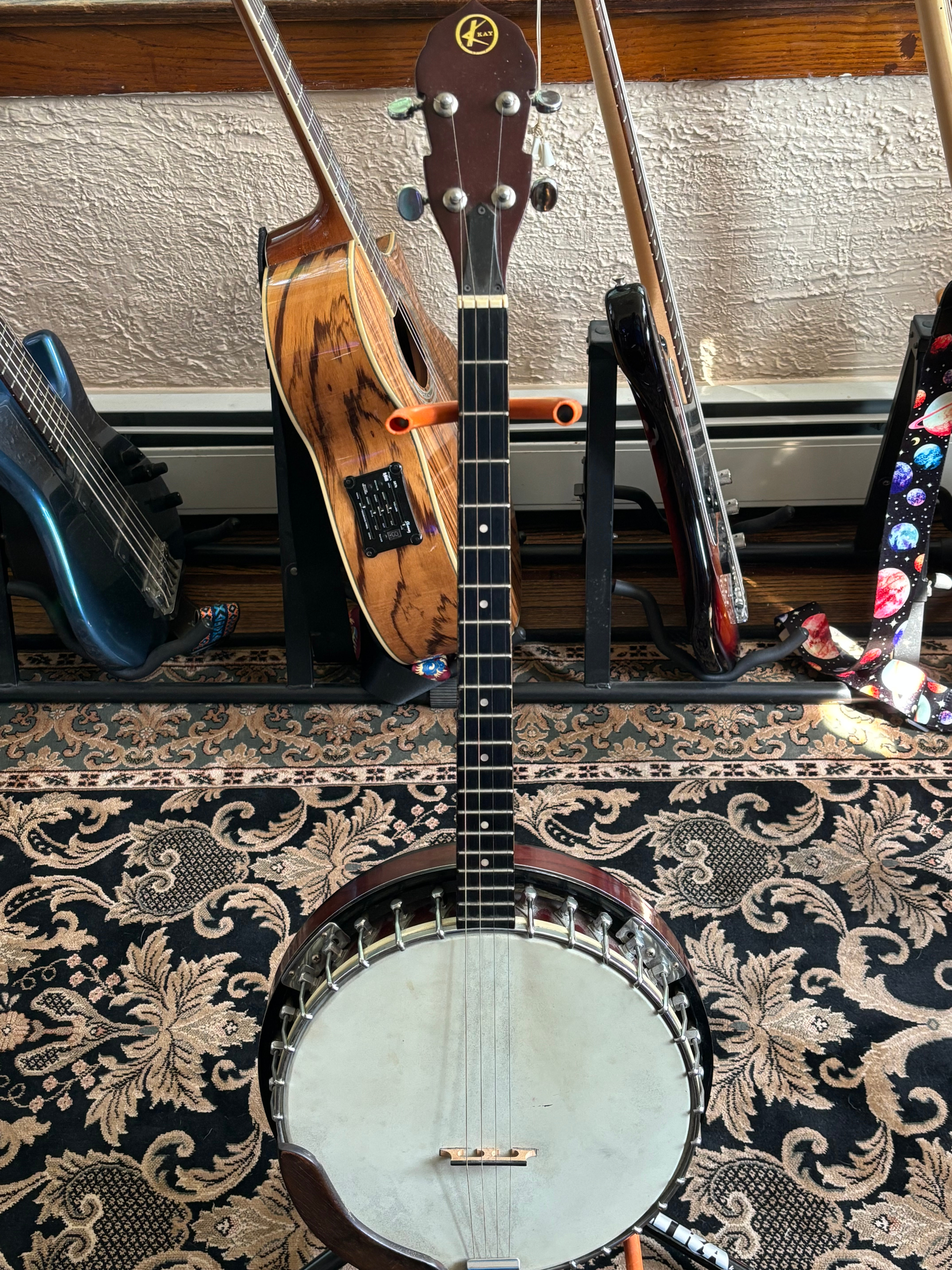 Vintage 1980's Kay Tenor Closed Back Banjo with Embossed Eagle Back