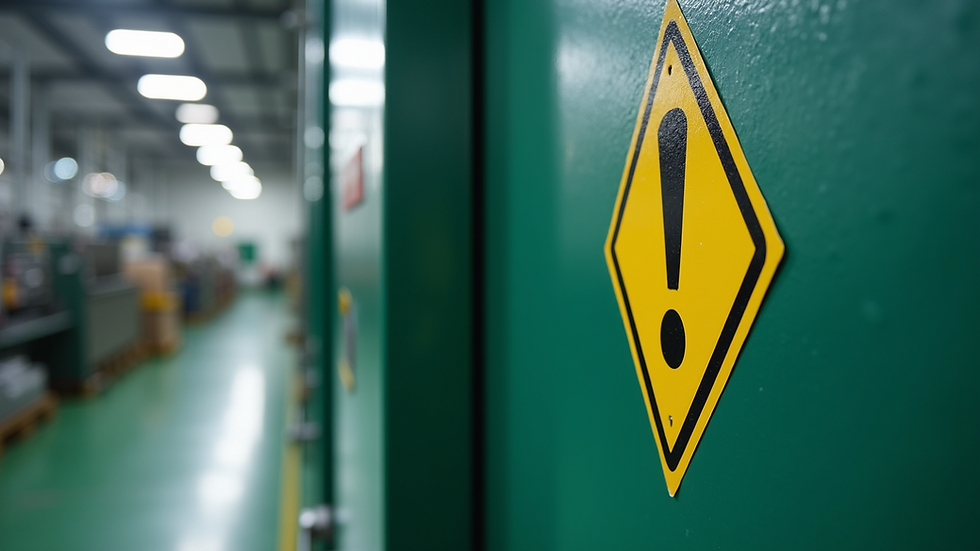 Close-up view of a safety sign on a factory wall