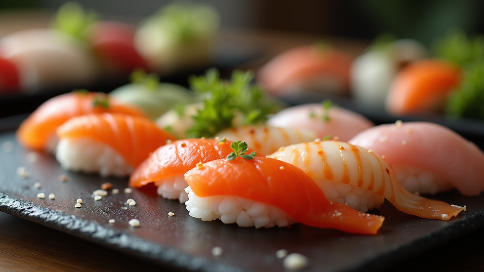 Close-up view of a sushi platter with colorful pieces arranged neatly