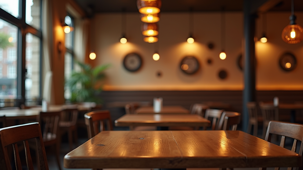 Eye-level view of a cozy restaurant interior with wooden tables and warm lighting