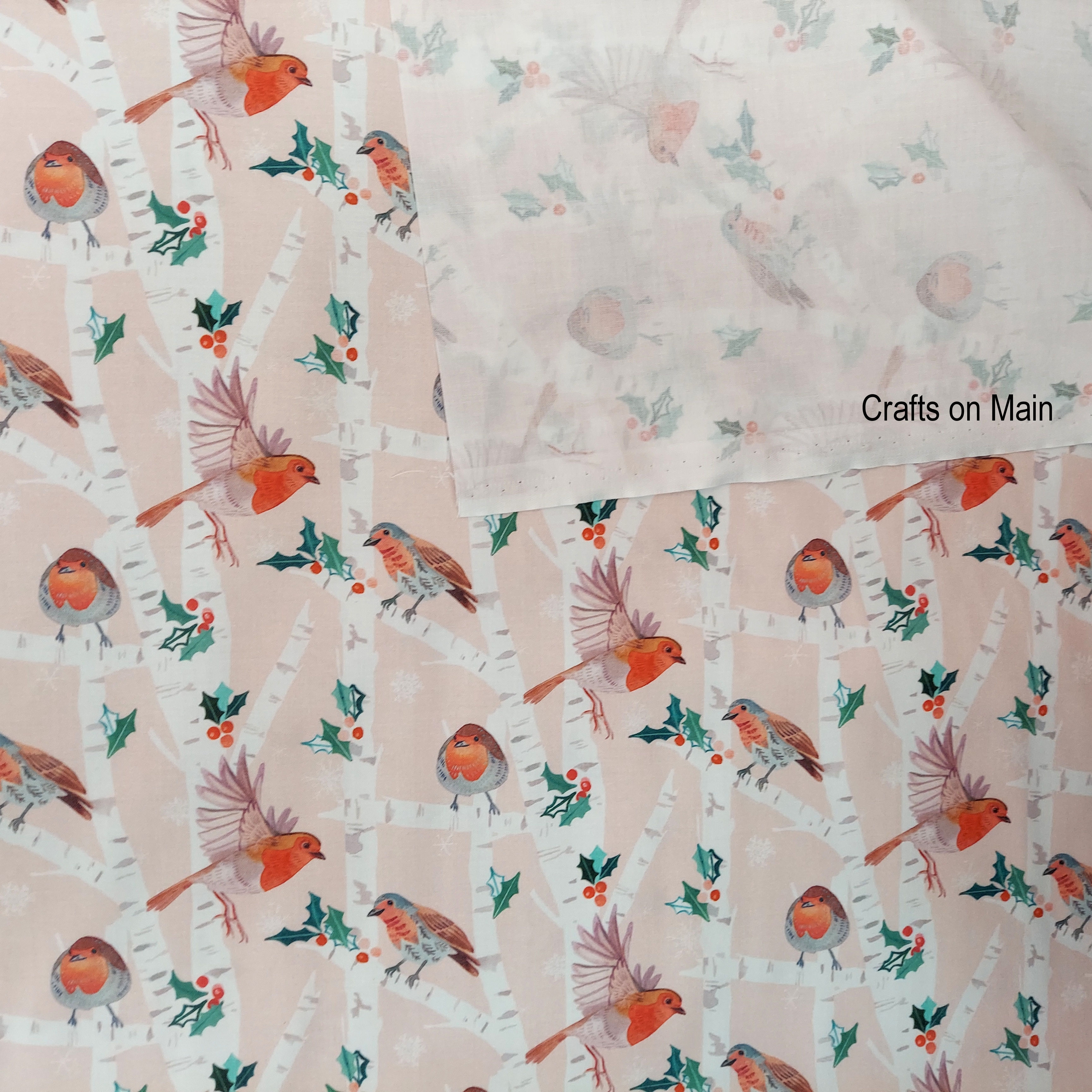 Pink and White Mod Christmas Birds: House Finch 120-2121 Cotton Fabric