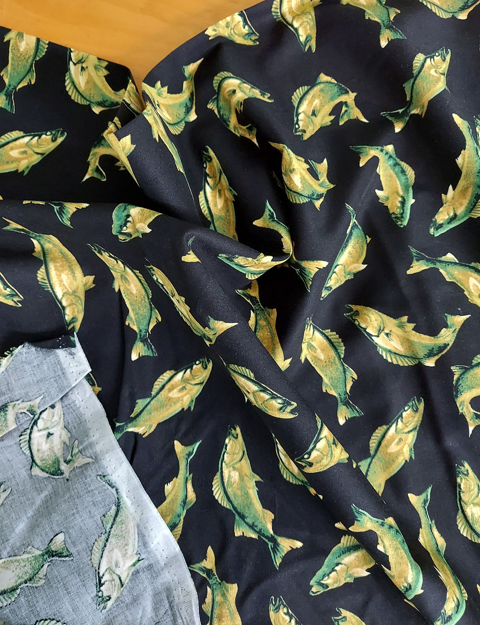 Thumbnail: Blank Quilting Gone Fishin' Black with Green Fish Cotton Fabric