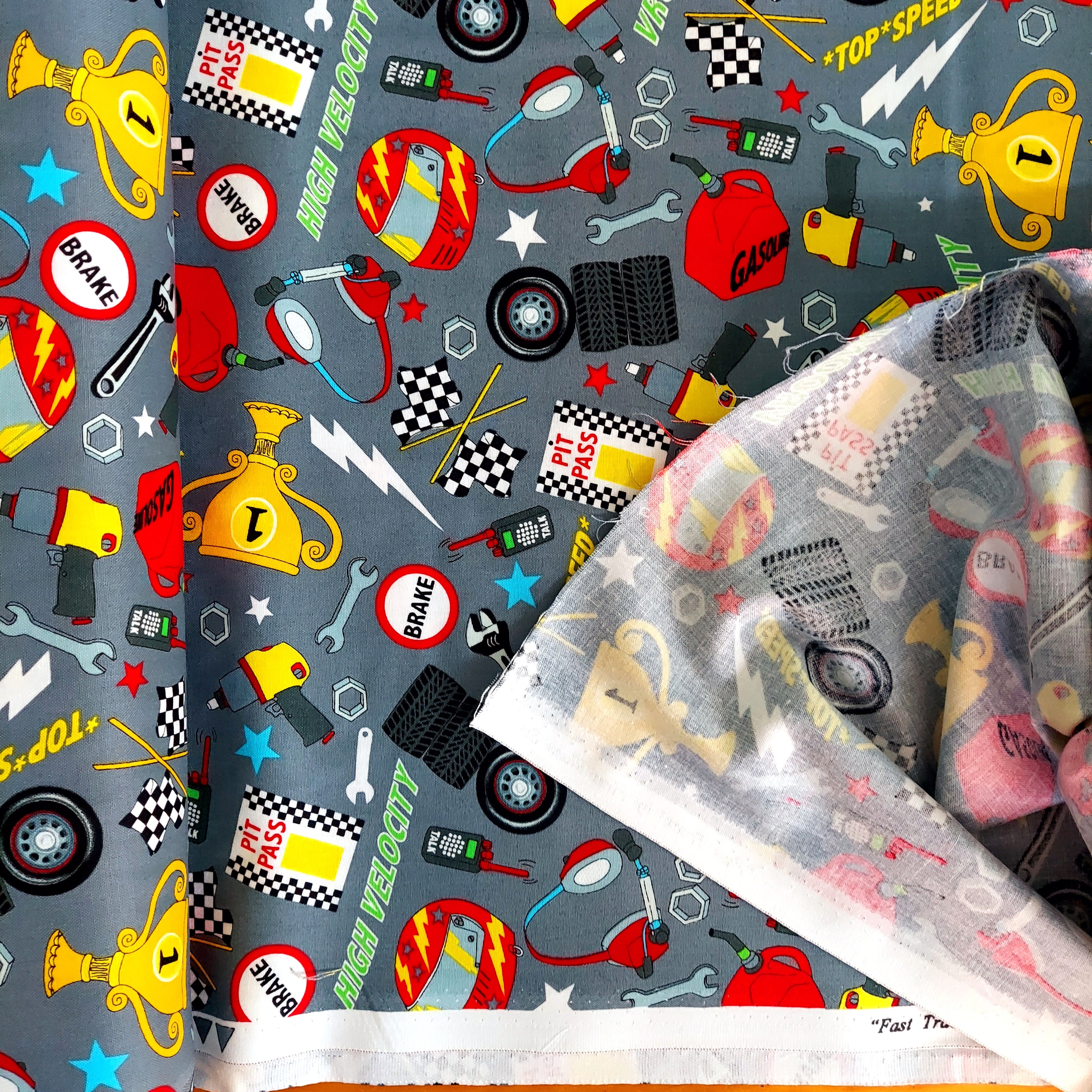 Gray Race Car Fabric Henry Glass "Fast Track" #90 Cotton Fabric