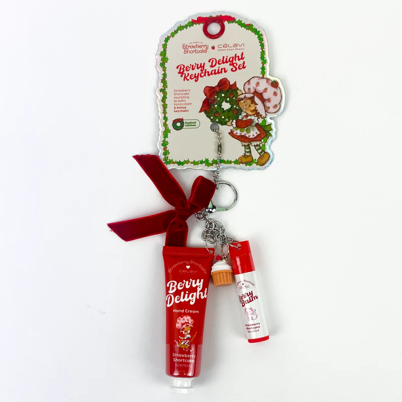 MINISO Gifts Under $10: Strawberry Shortcake Red Holiday Lip Balm and Hand Cream Keychain