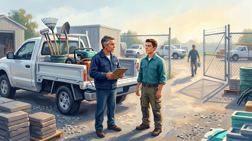 Illustrated hero in the Profit Sensei palette of a small business owner coaching a newly promoted crew leader in the equipment yard at day's end.