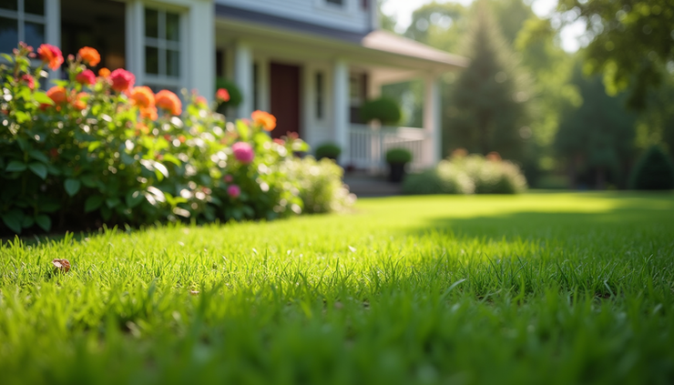 Eye-level view of lush green lawn with healthy flowering plants in a residential garden in Bernardsville