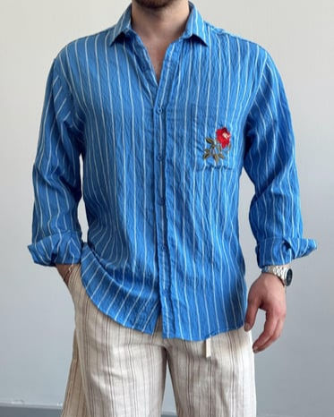 Erkek Şık Ve Modern Günlük Kombinlere Uygun Çizgili Gömlek-Mavi