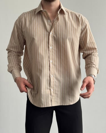 Erkek Özel Davet İle Satışa Sunuldu Oversize Kalıp Çizgi Detaylı Gömlek-Kahve