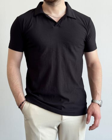 Erkek Premium Kalite Oversize Kalıp Gofre Kumaş Polo Yaka T-Shirt-Siyah