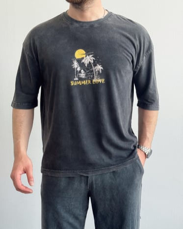 Erkek Yüksek Kalite Oversize Kalıp Bisiklet Yaka T-Shirt- SİYAH