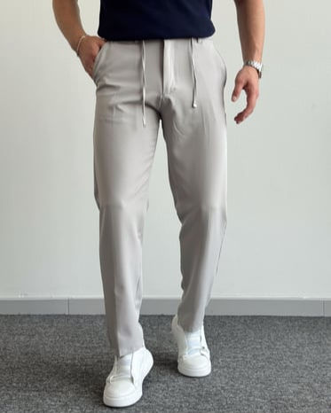 Erkek Premium Kalite Regular Kalıp Beli Lastikli İp Detay Kumaş Pantolon-Beyaz