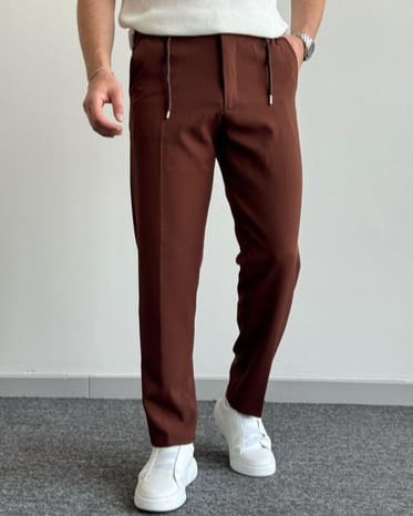 Erkek Premium Kalite Regular Kalıp Beli Lastikli İp Detay Kumaş Pantolon-Kahve