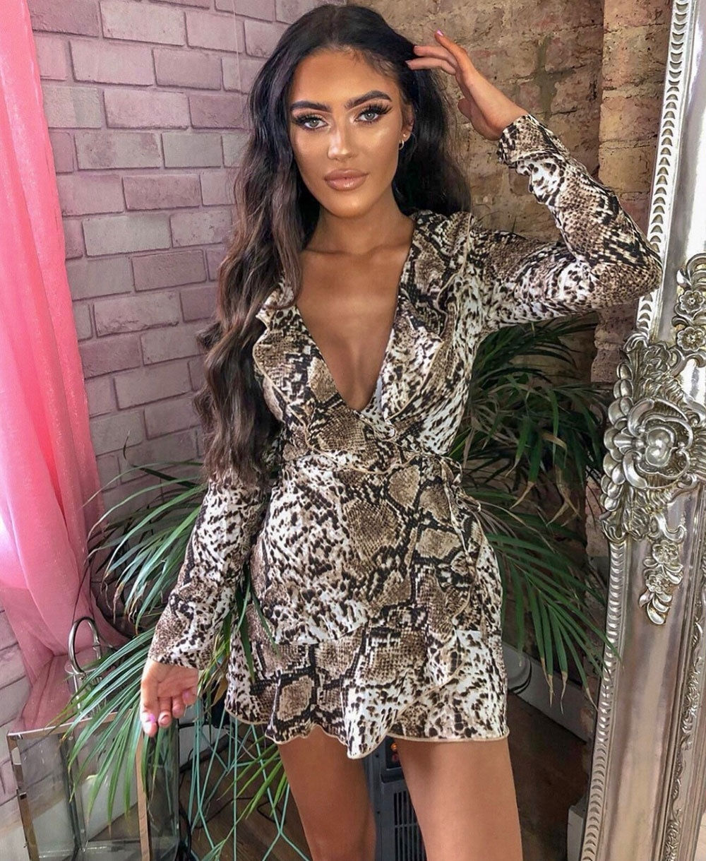 Snake Print Frill Detail Wrap Front Mini Dress