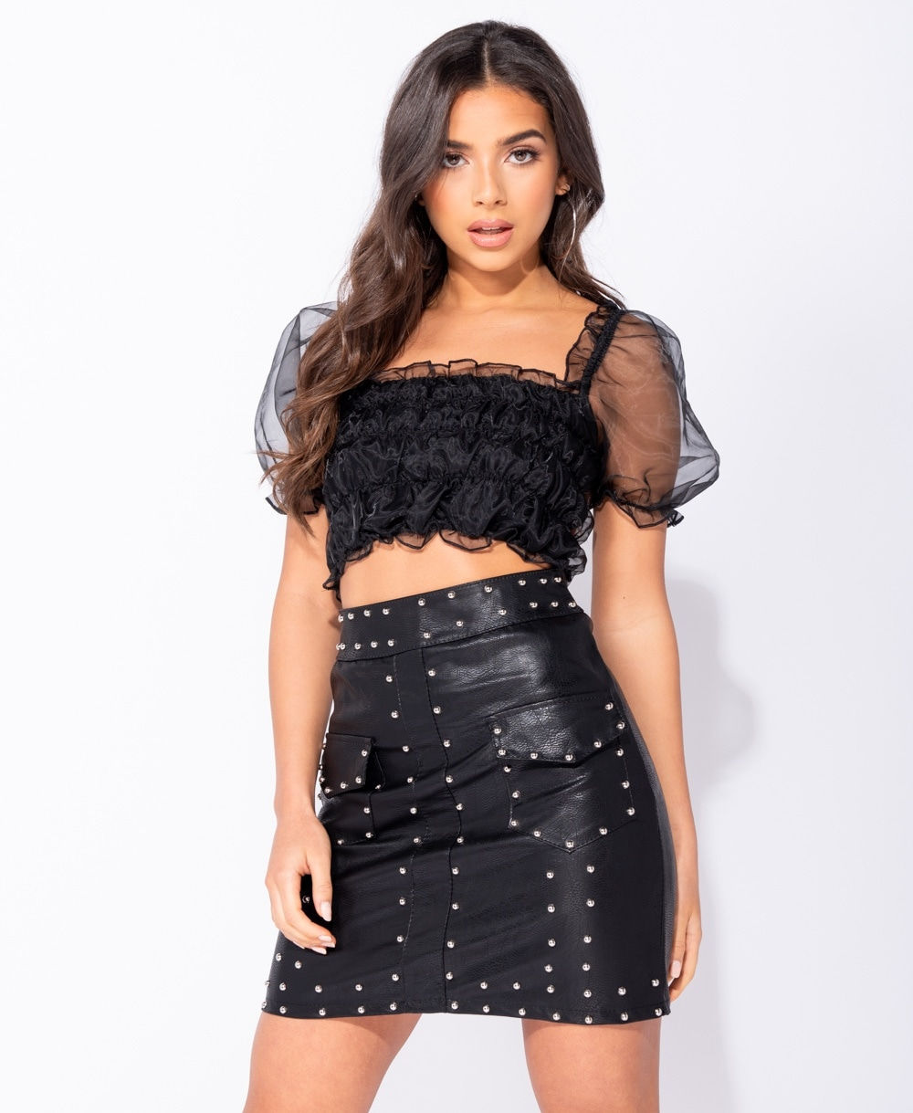 PU Stud Detail Patch Pocket Mini Skirt