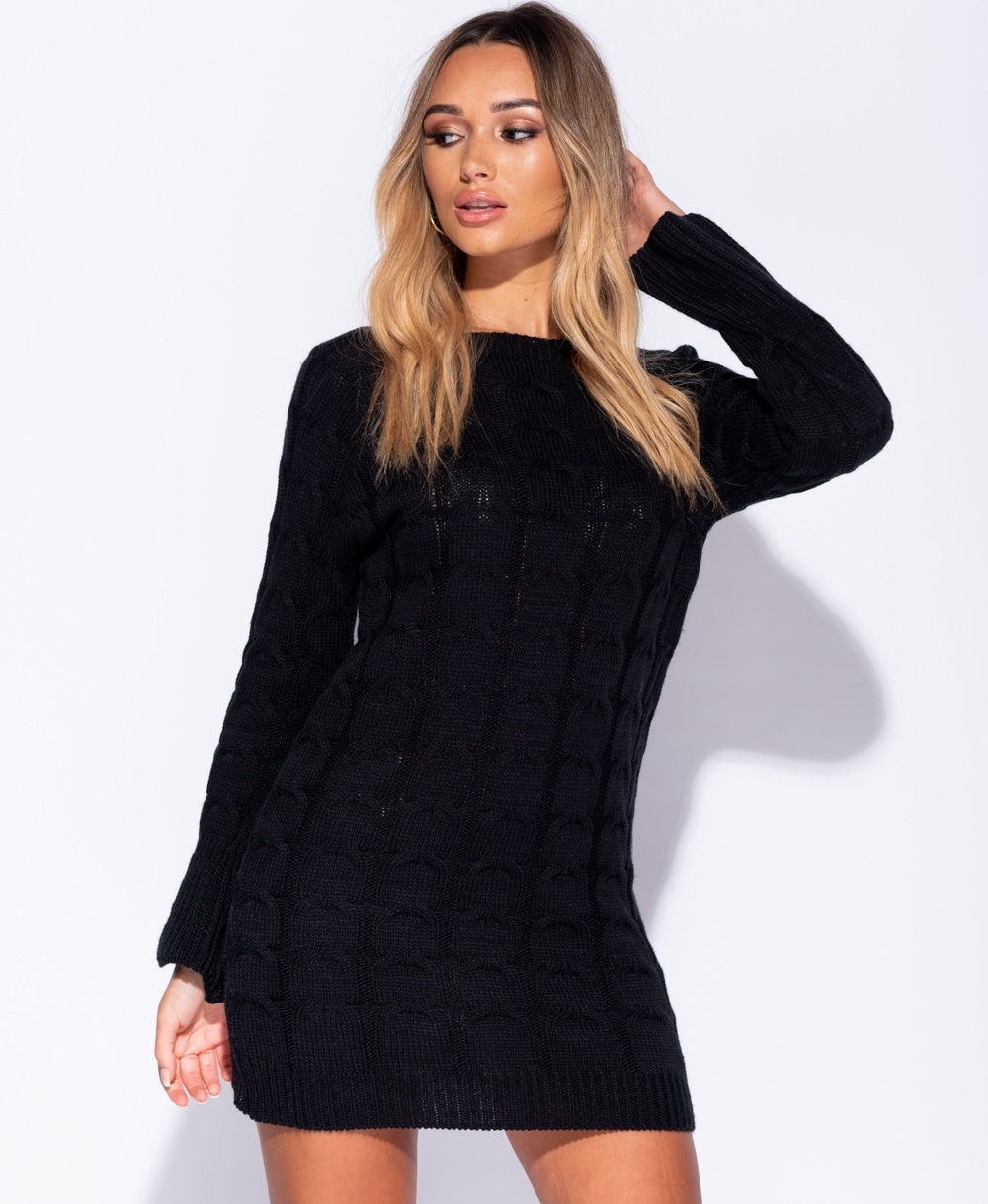 Cable Knit Detail Flare Sleeve Jumper Dress