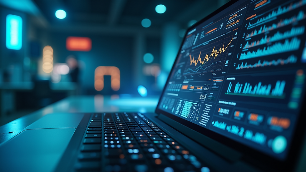 Eye-level view of a futuristic digital interface displaying data analytics