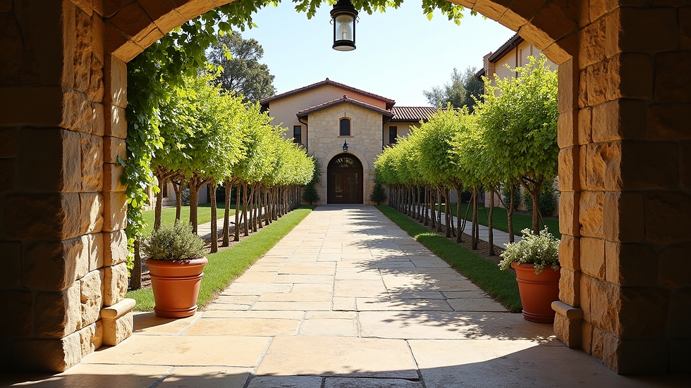 Eye-level view of vineyard courtyard with rustic stone walls at Bernardo Winery