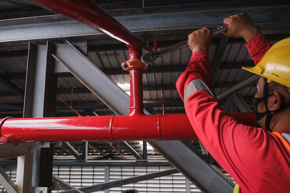 Install fire sprinkler system. In the industrial plant, pipe assembly, red fire pipe, fire
