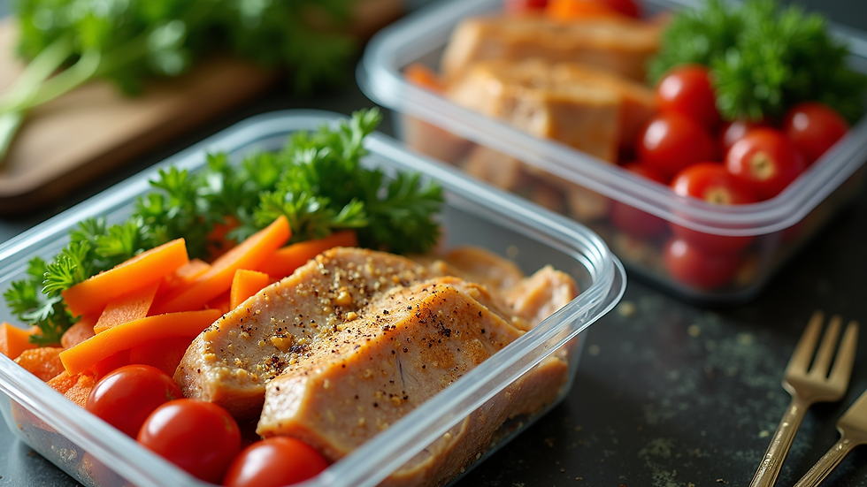 High angle view of meal prep containers with colorful vegetables and lean proteins
