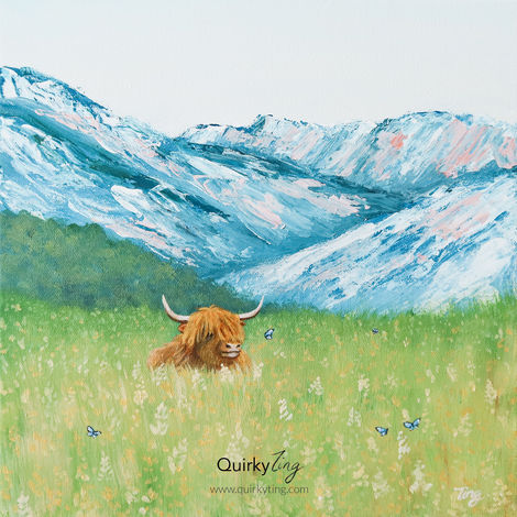 Painting of a shetland cattle resting on the grass