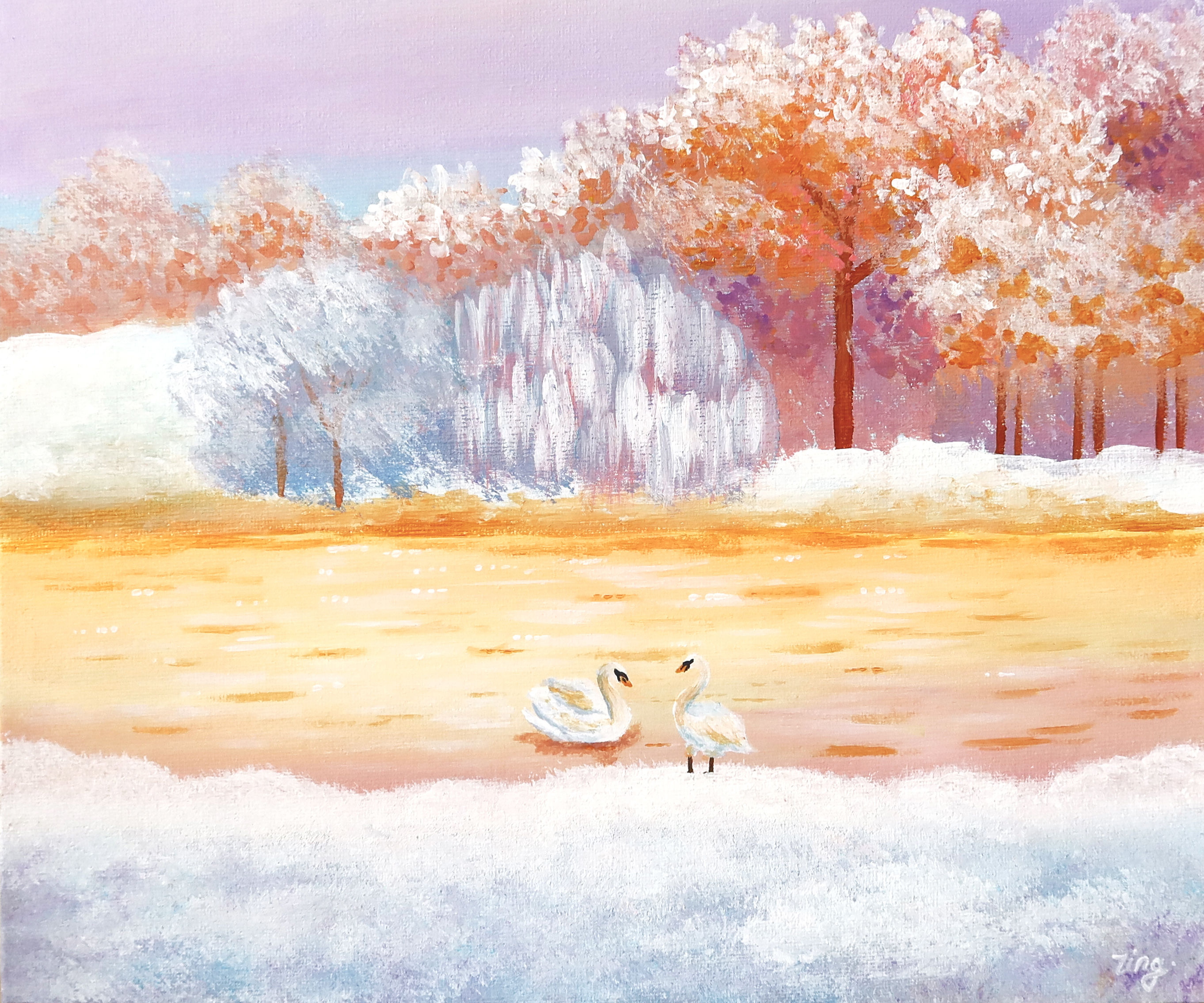 landscape painting, acrylic painting, swan lake artwork, original painting