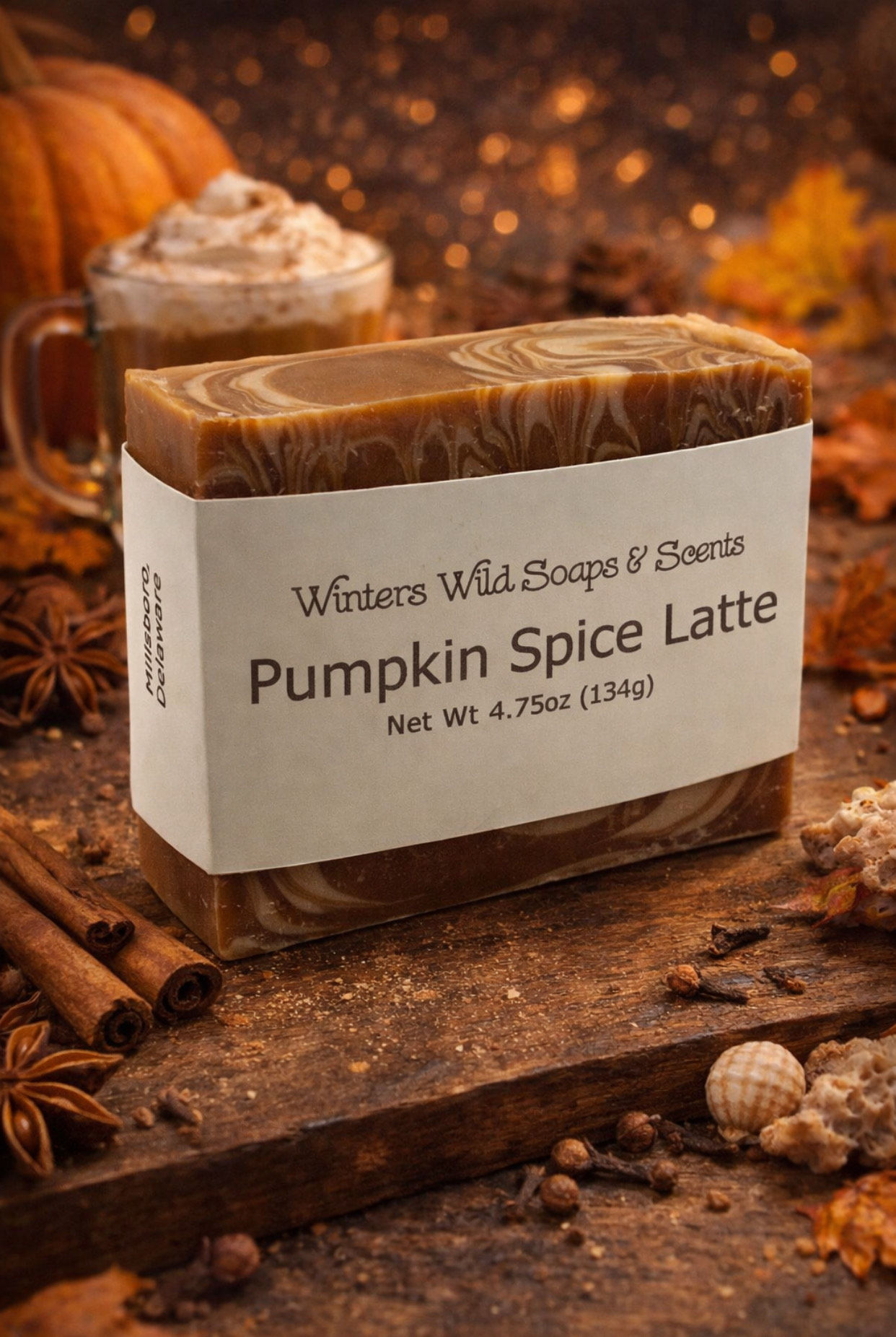 Pumpkin spice latte soap bar with label