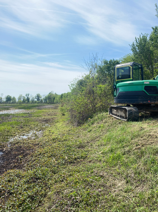 Excavator poised on top of a levee.