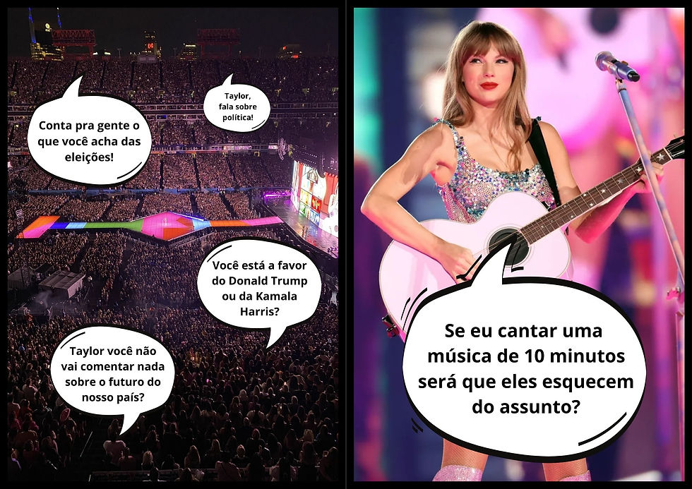 Charge criada por Gabriel Belitz e Julia Miranda sobre a falta de posicionamento político de Taylor Swift. Fotos: Divulgação