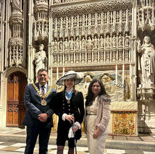 Cllr. Pankit Shah and Vaishali Shah with Annie Brewster, High Sheriff of Hertfordshire, at a civic or community event