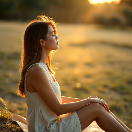 Woman in a white dress sits in a sunlit field at sunset, eyes closed in a calm, peaceful pose with warm golden light