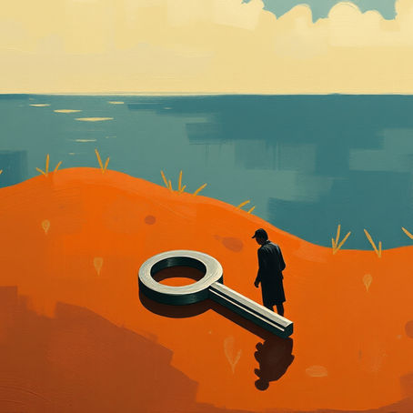 A solitary figure in a coat and hat stands on a rust-red hillside beside an oversized key, gazing out toward a calm teal sea under a pale sky. The scene is painted in a flat, retro-illustrative style, evoking quiet contemplation and the search for something just beyond reach.