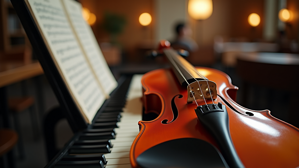 Eye-level view of violin resting on a music stand