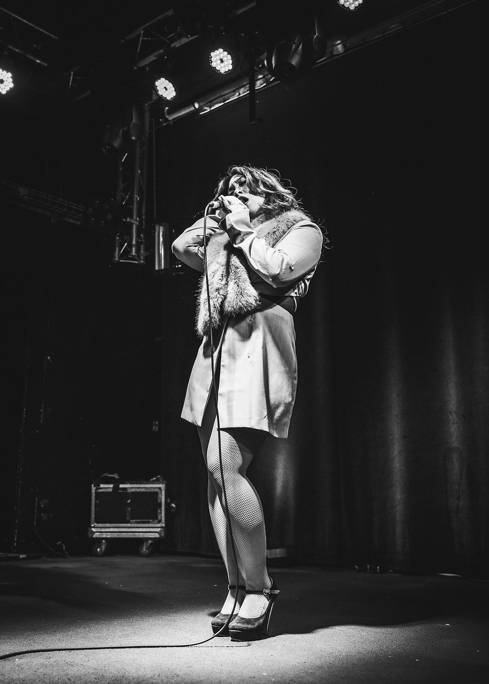 black and white picture of Mona Fair in a fur costume at Casino night in Wil St. Gallen