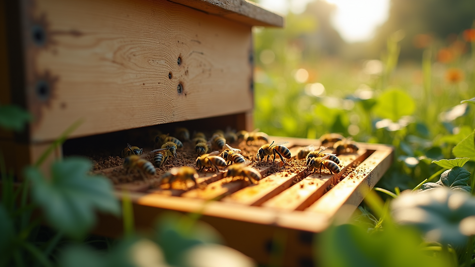Close-up view of a beehive in a lush garden with bees working