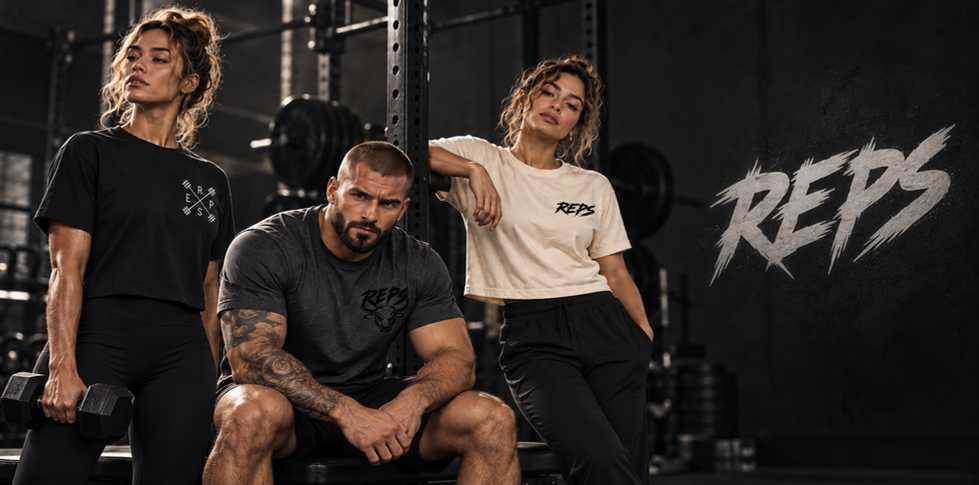 Men and women in black and gray REPS fitness T-shirts