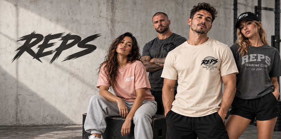 Group wearing REPS Essential and Heritage tees, printed in-house in Southern California