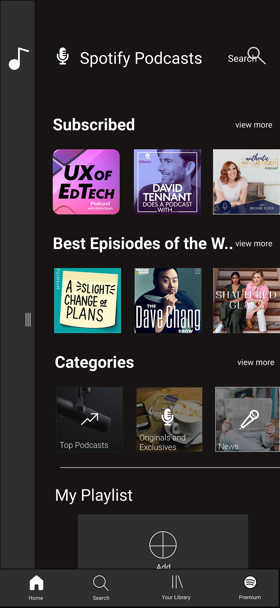 Spotify Podcast redesign, music swipe on left