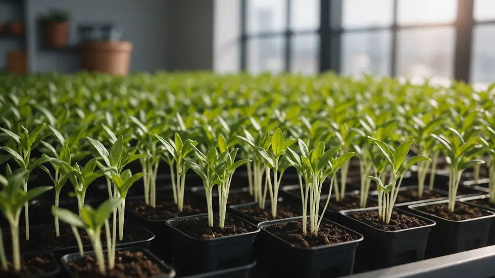 Close-up view of seedlings in a bright indoor environment