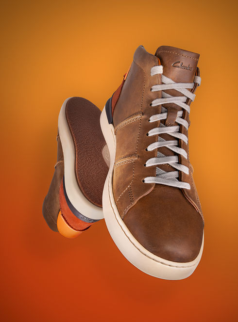Clarks shoes product photo on orange background