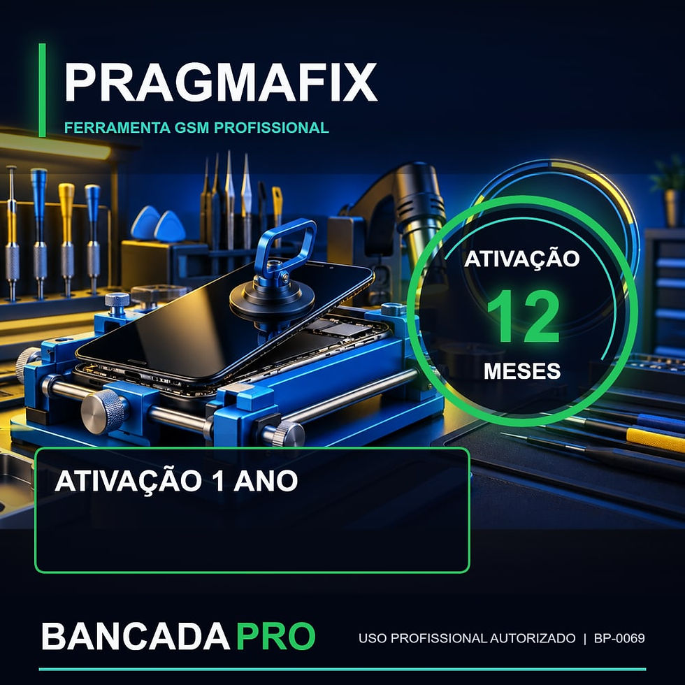 Logotipo Pragmafix e texto de ativação de 1 ano sobre bancada técnica.