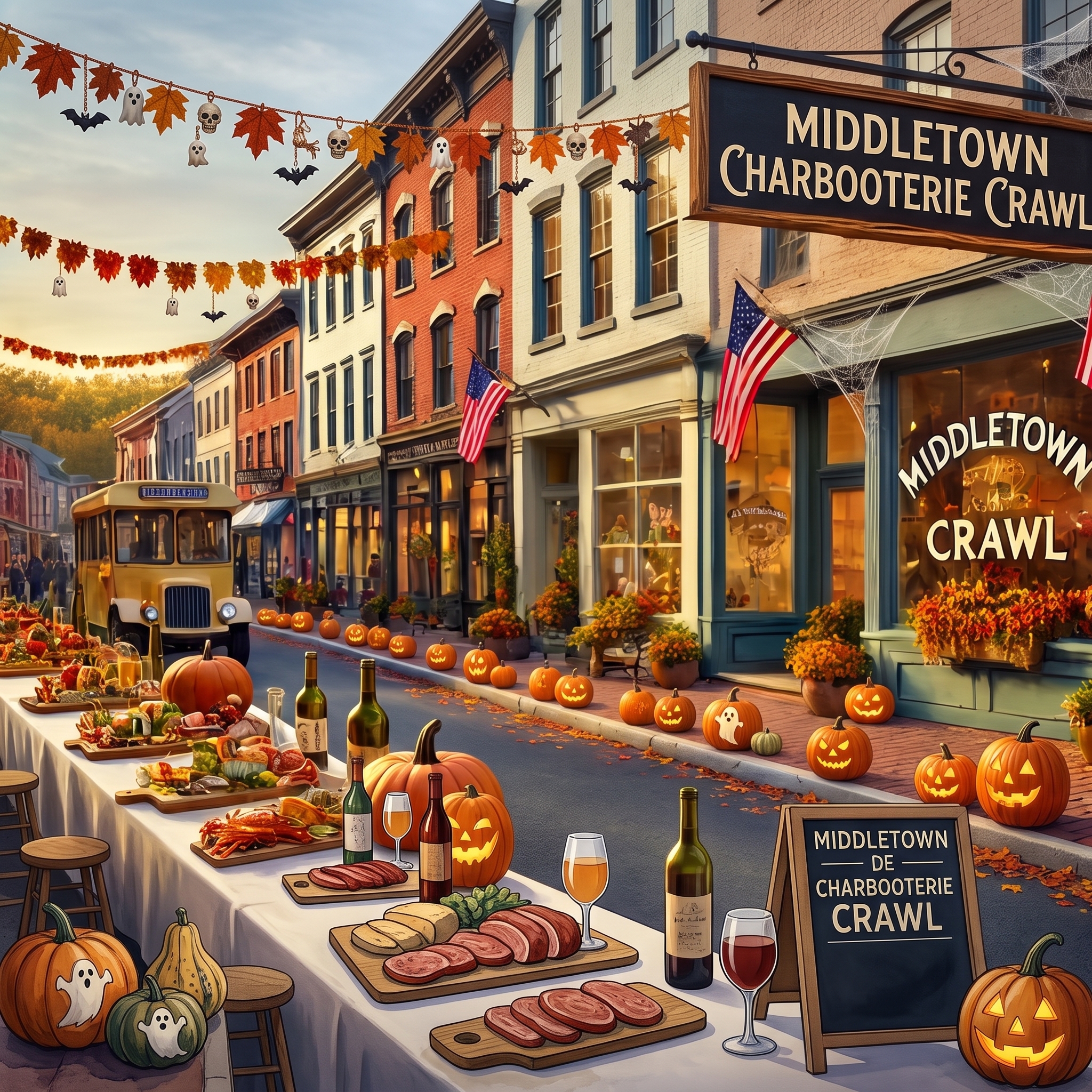 Halloween-decorated Main Street scene for the Middletown DE CharBOOterie Crawl