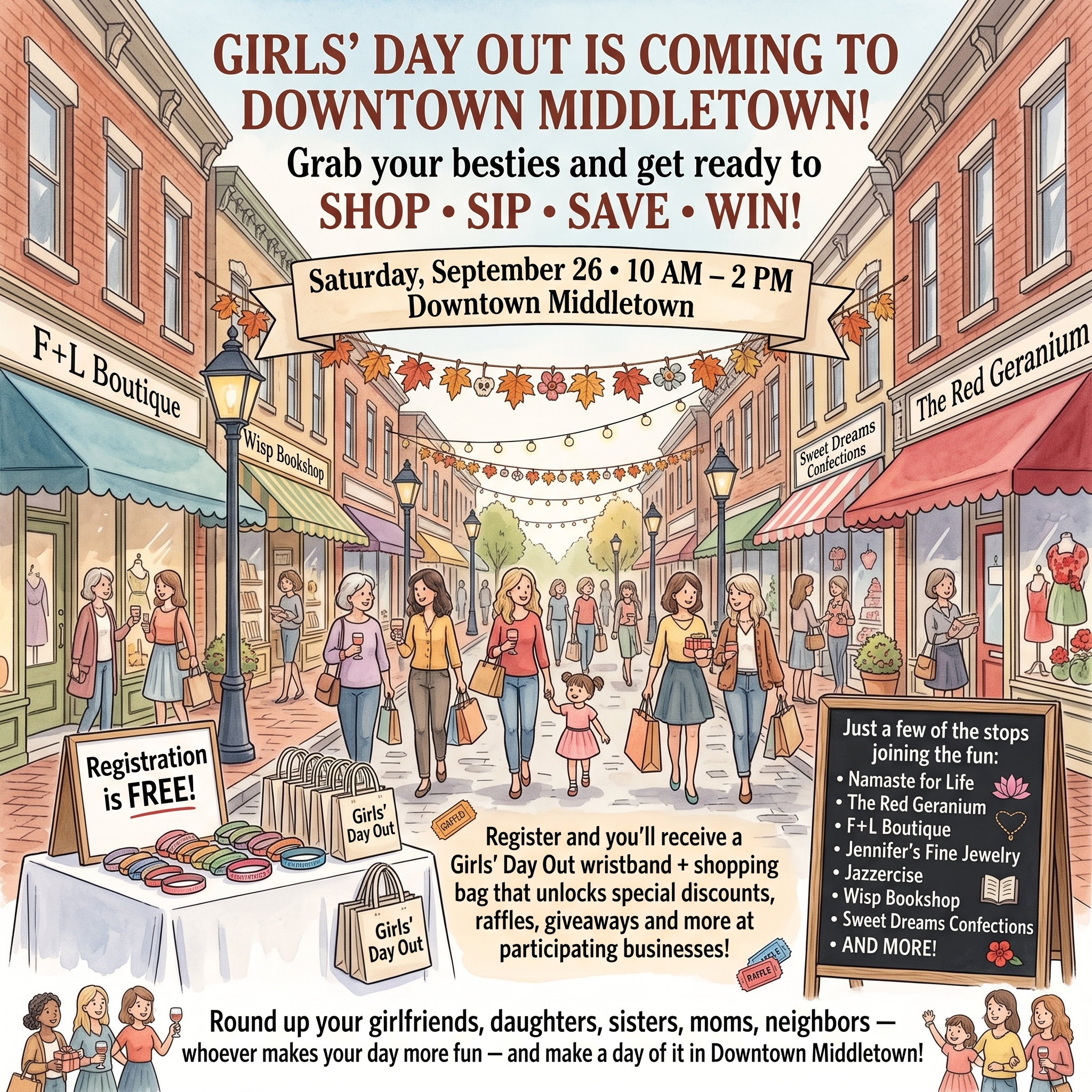 Girls’ Day Out 2026 illustrated downtown poster, showing shoppers, local storefronts, wristbands and shopping bags. Event details and participating businesses are listed below.