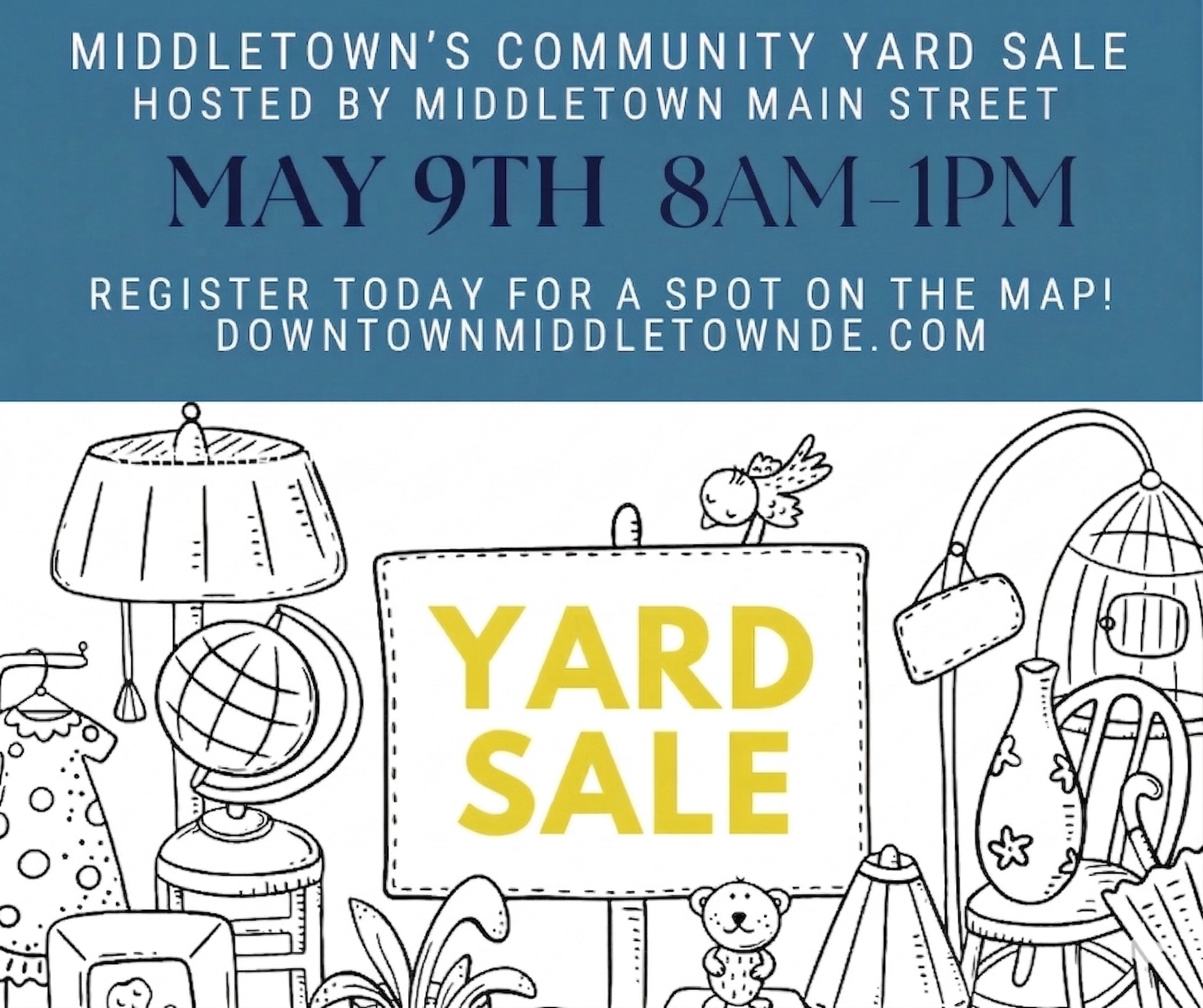 Community Yard Sale poster for May 9 from 8 AM to 1 PM