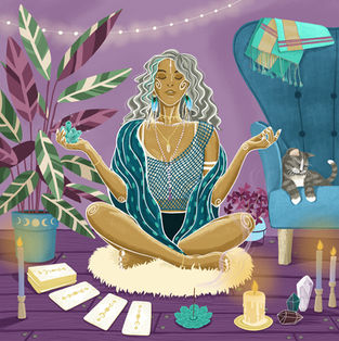 A middle aged woman meditating, manifesting, sat on the floor by a chair and plants, surrounded by tarot cards, crystals, candles and incense, with a cat watching over her.