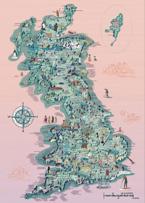 Illustrated Map of Great Britain, England, Scotland, Wales