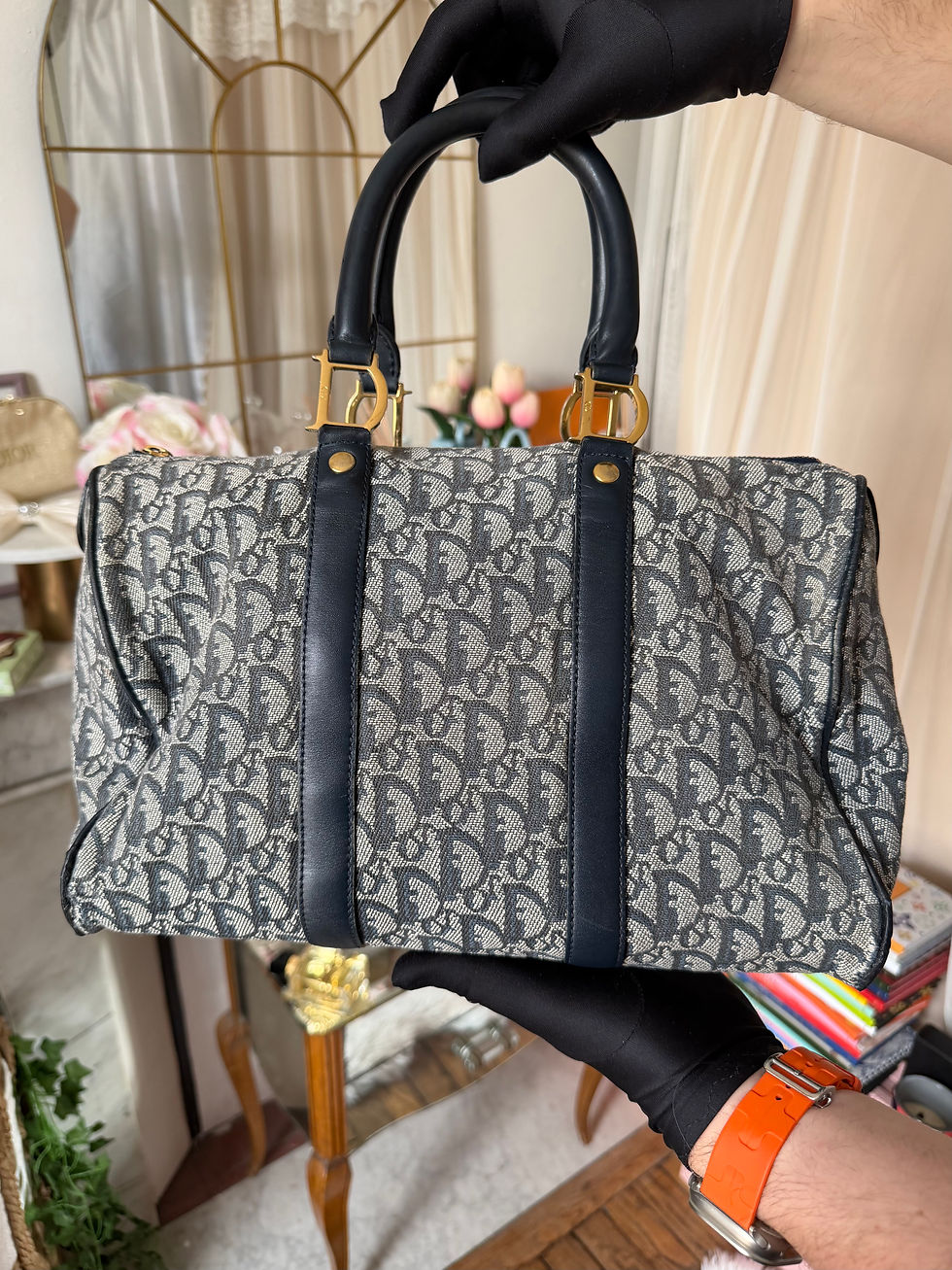 Miniature : Sac Boston Dior Trotter / Diorissimo – Toile Oblique Navy – Vintage authentique