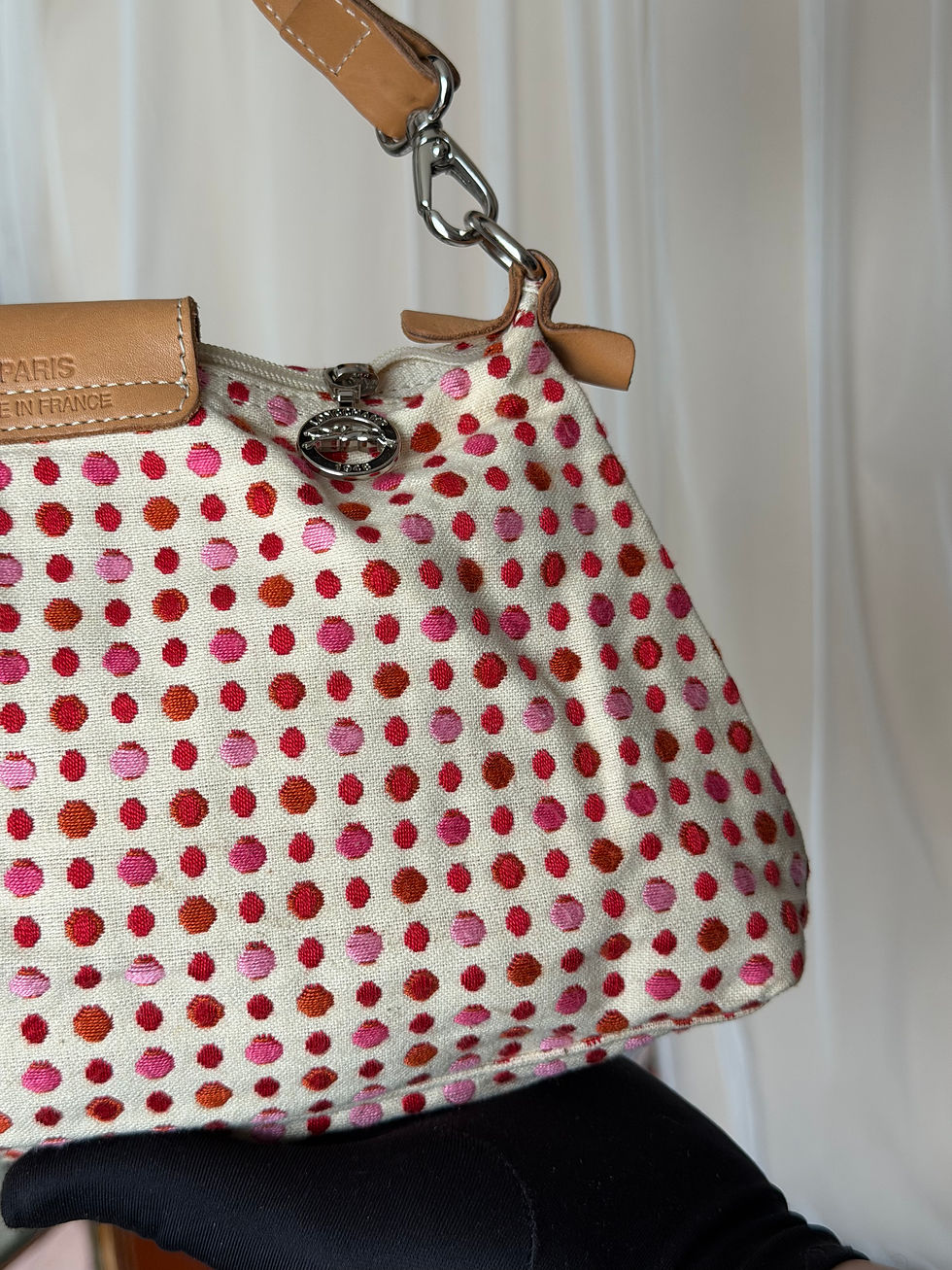Miniature : Sac à main longchamp marron et blanc à petits pois colorés en très bon état ha